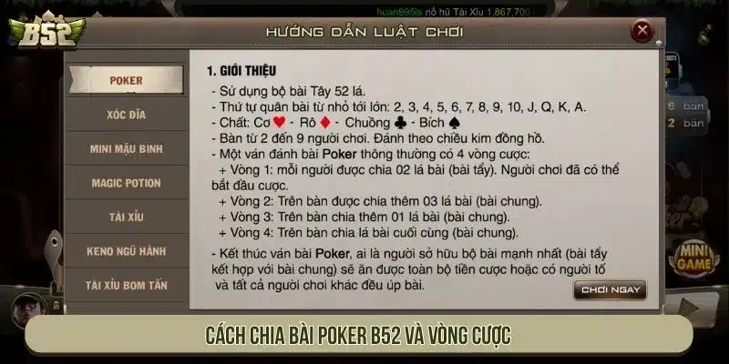 Cách chia bài Poker B52 và vòng cược