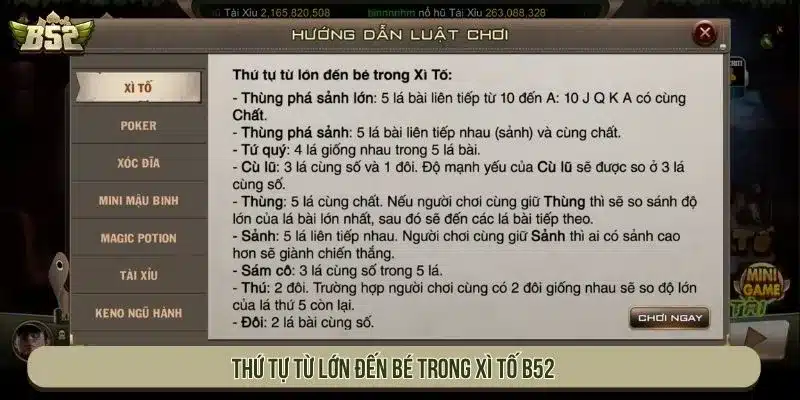 Thứ tự từ lớn đến bé trong Xì tố B52